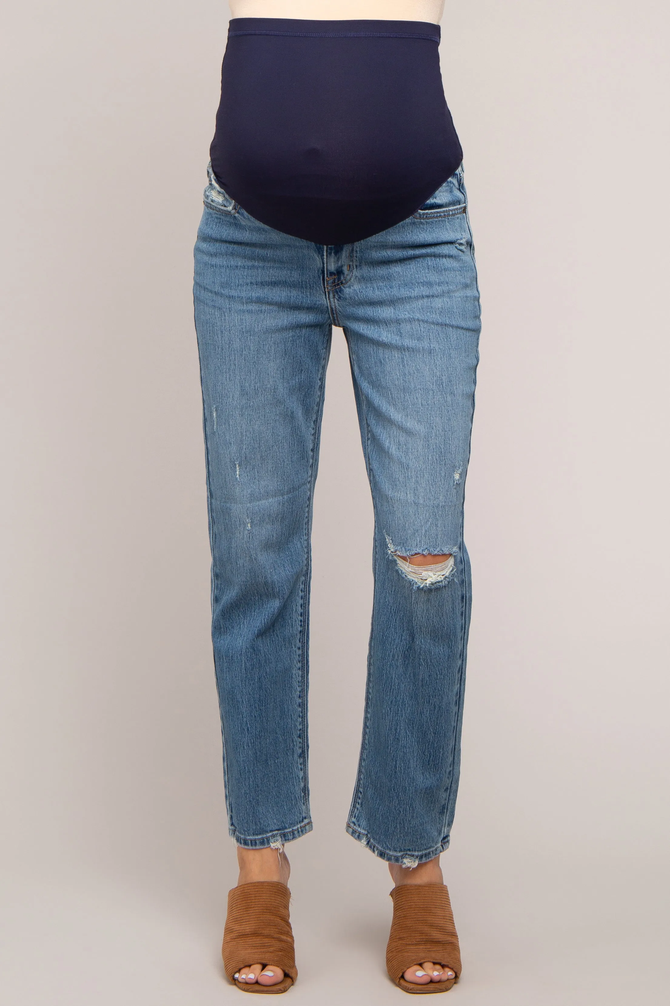 Blue Distressed Straight Leg Maternity Jeans