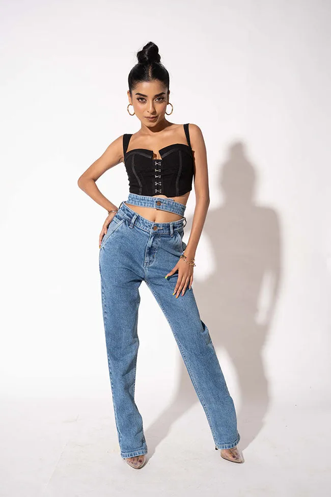 Blue Double Belt Straight High Waist Jeans