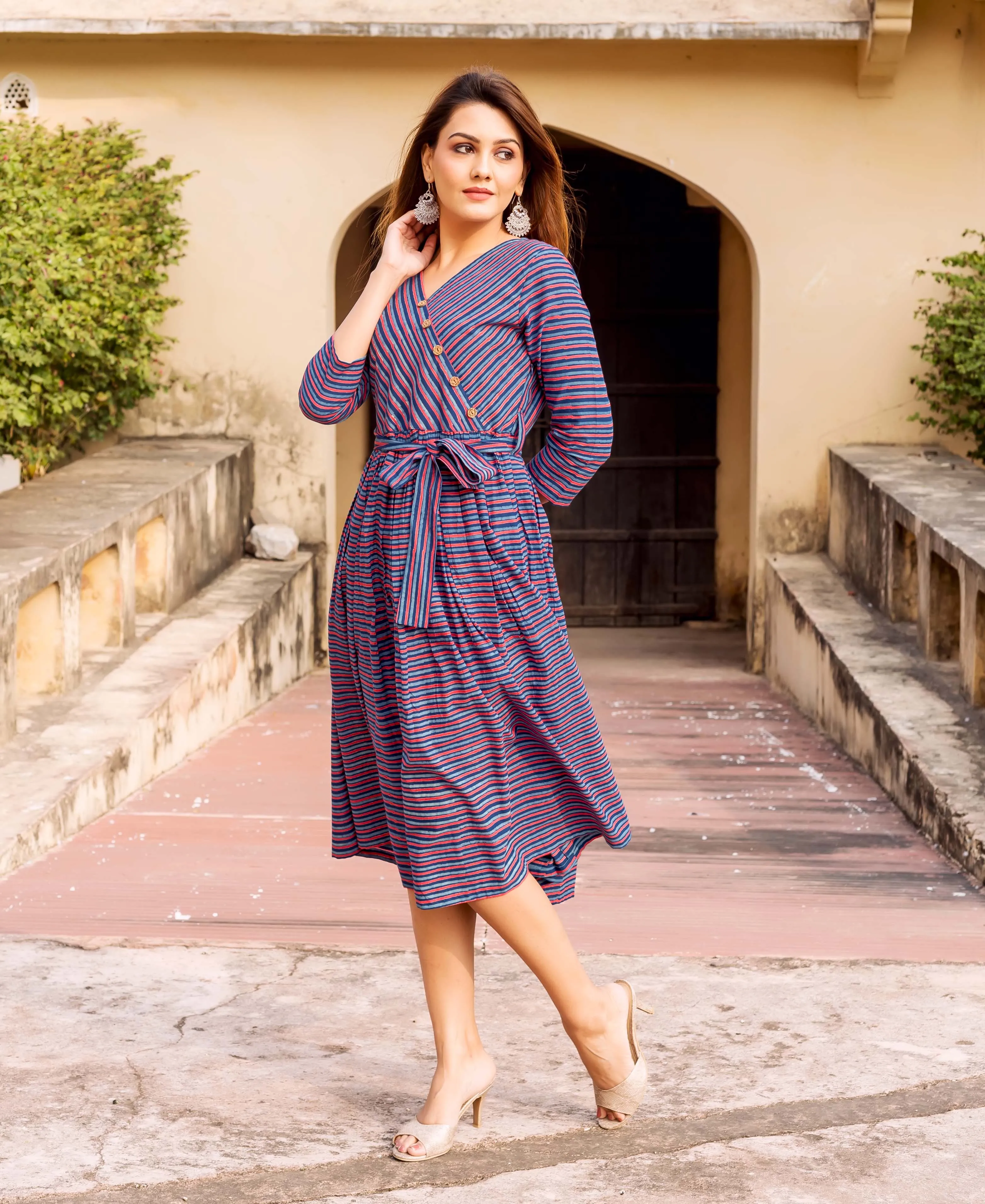 Blue Hand Block Printed Drop Waist Dress