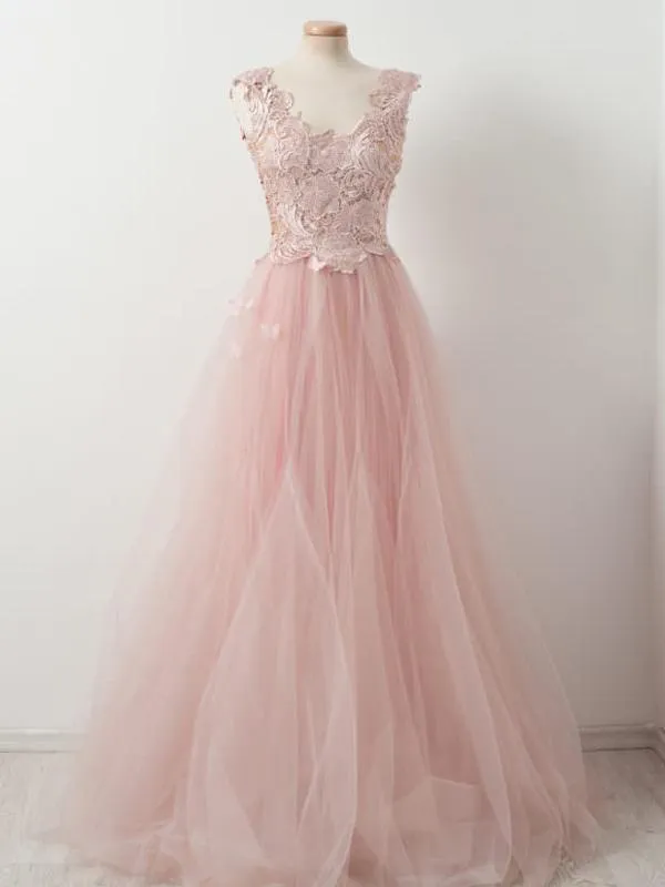 Blush Pink Lace Tulle A-line Prom Evening Dresses