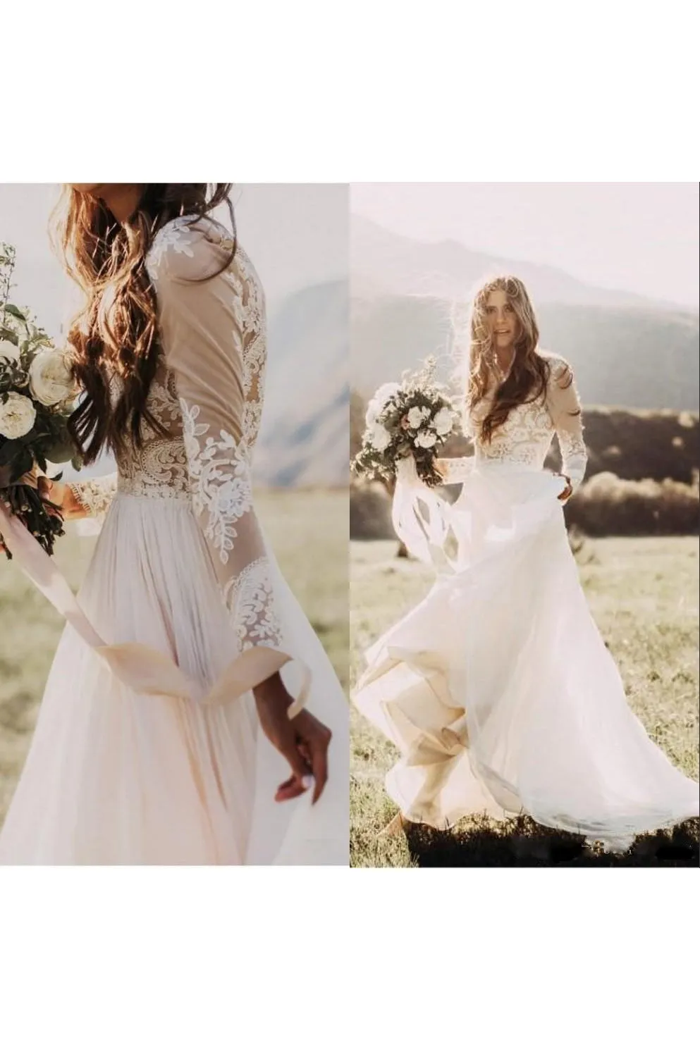 Bohemian Lace Long Sleeves Floor Length A Line Applique Chiffon Boho Bridal Gowns-715305