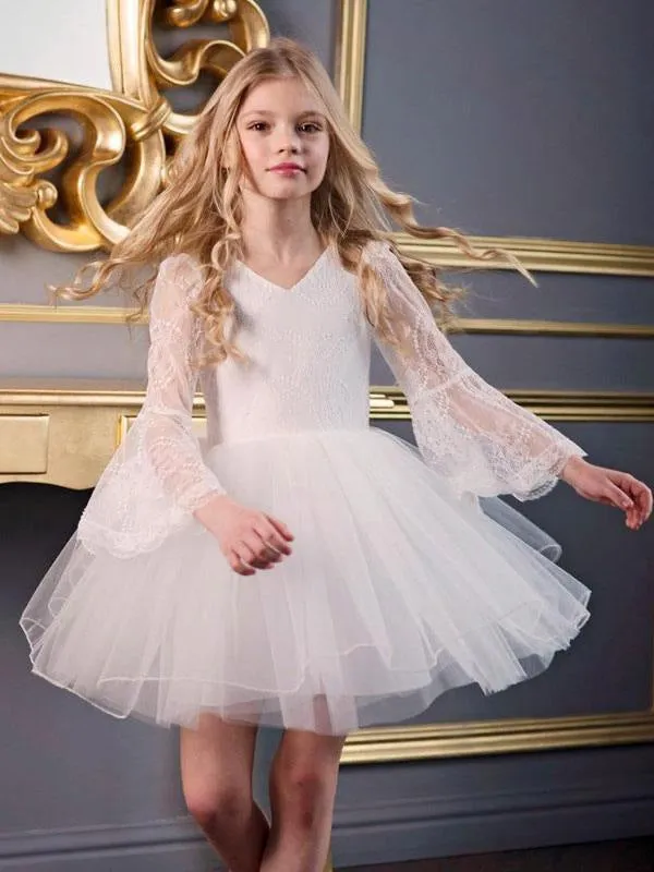 Boho White Kids Social Party Dresses Puffy Sleeves Flower Girl Dresses