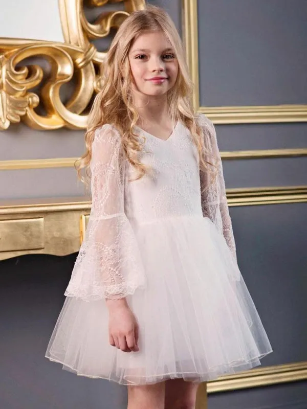 Boho White Kids Social Party Dresses Puffy Sleeves Flower Girl Dresses