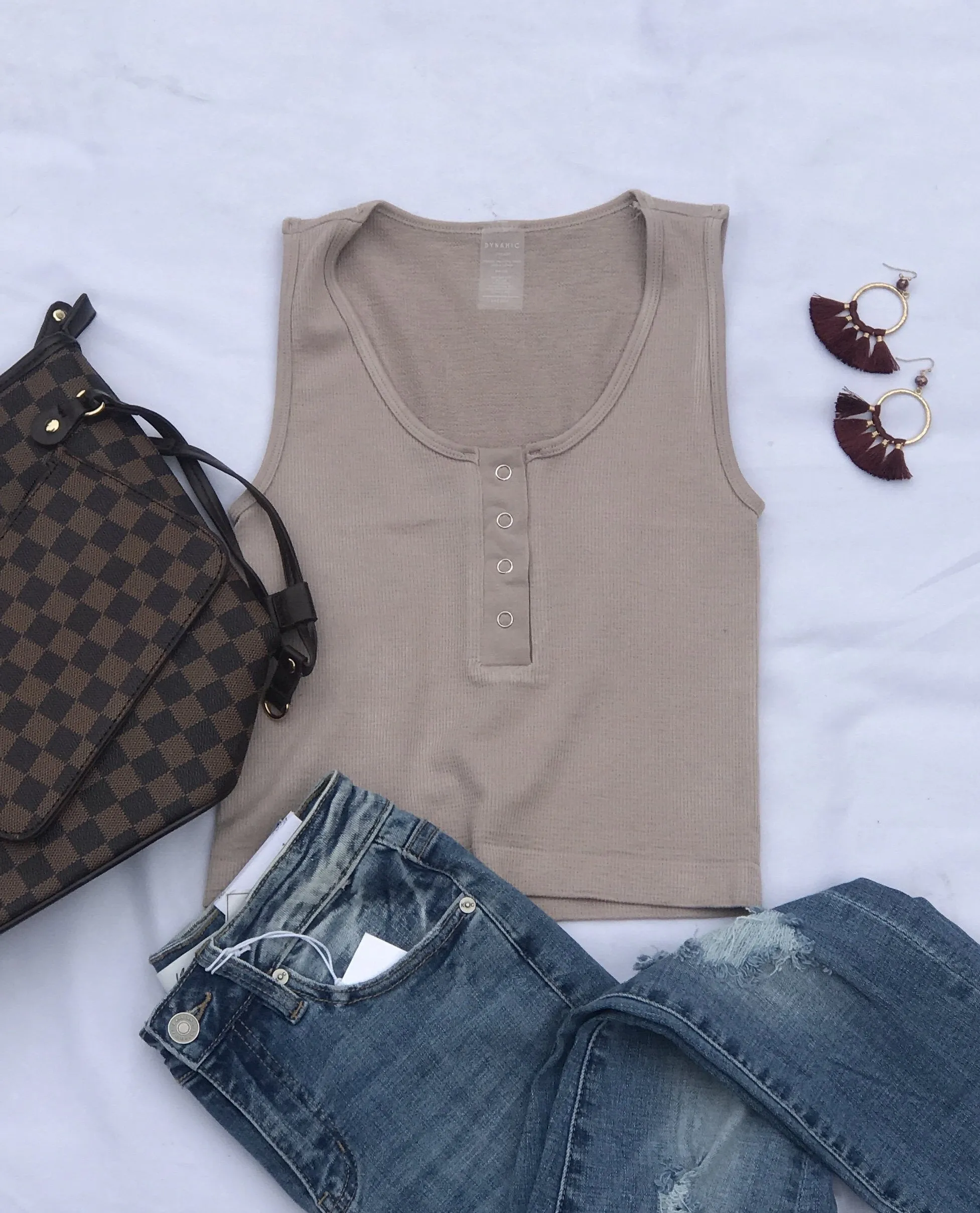 Buttoned Crop Tank-Taupe