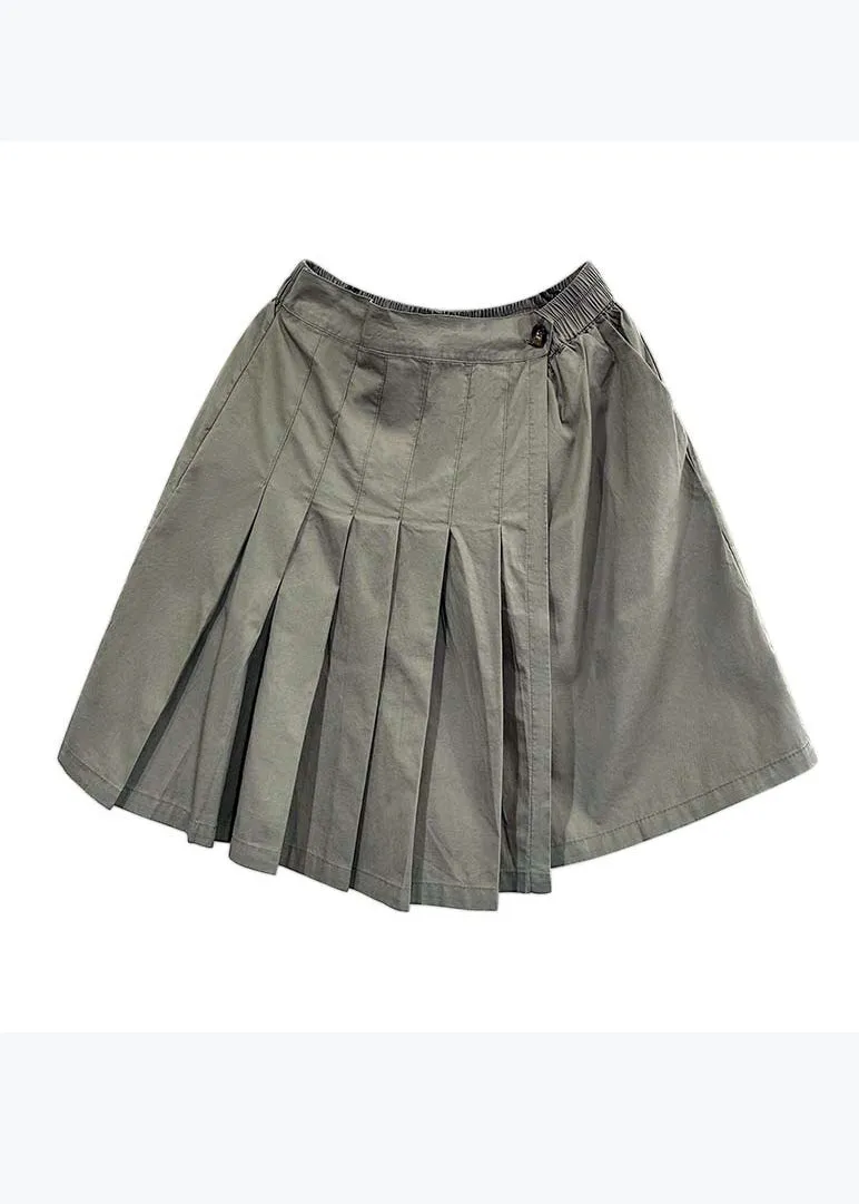 Casual Versatile Green Elastic Waist Pleated Shorts Skirt Summer QQ1046