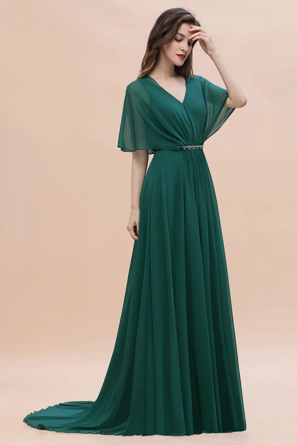 Charming Long A-line V-neck Chiffon Bridesmaid Dress With Sleeves