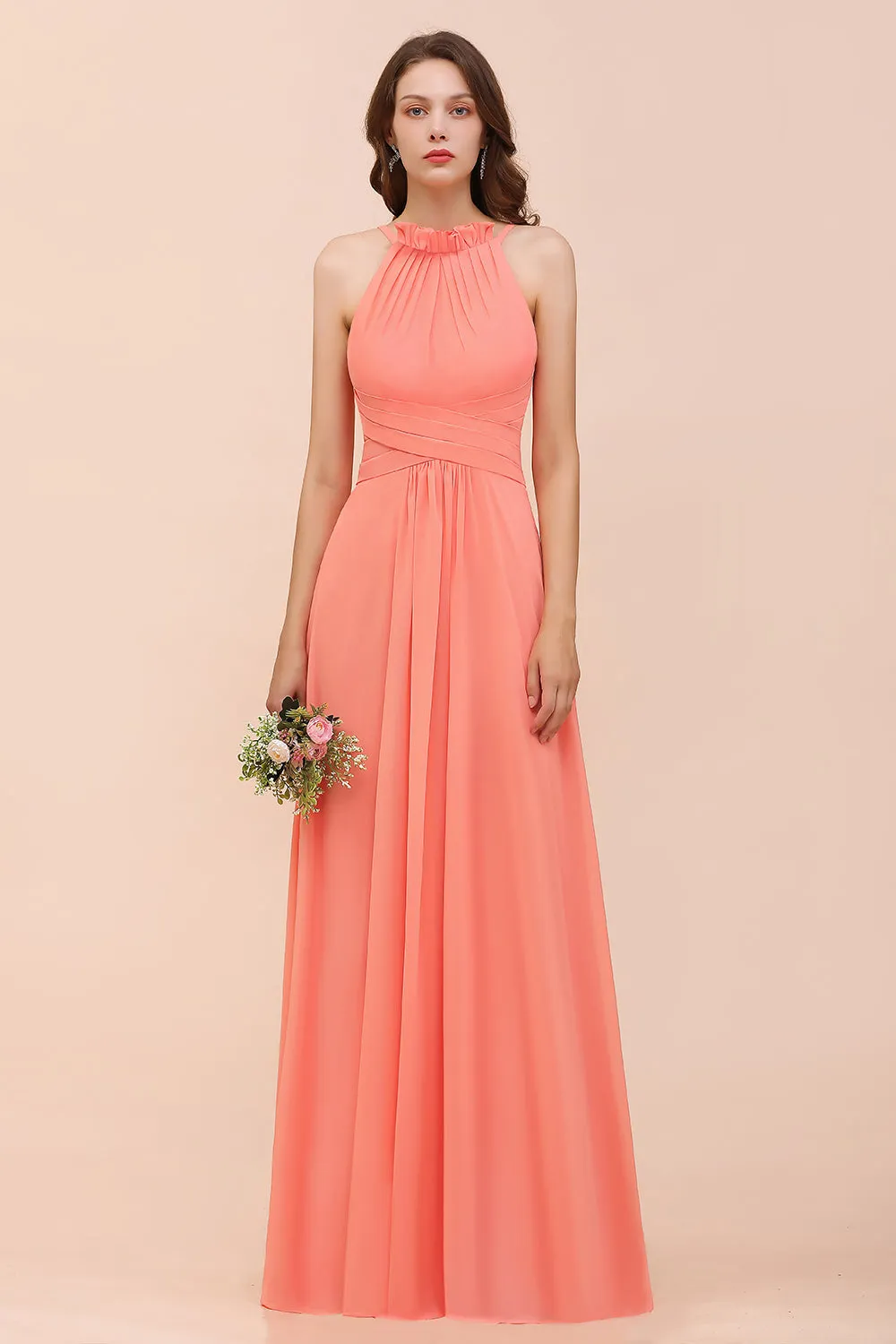 Charming Long Chiffon A-Line Halter Coral Bridesmaid Dresses