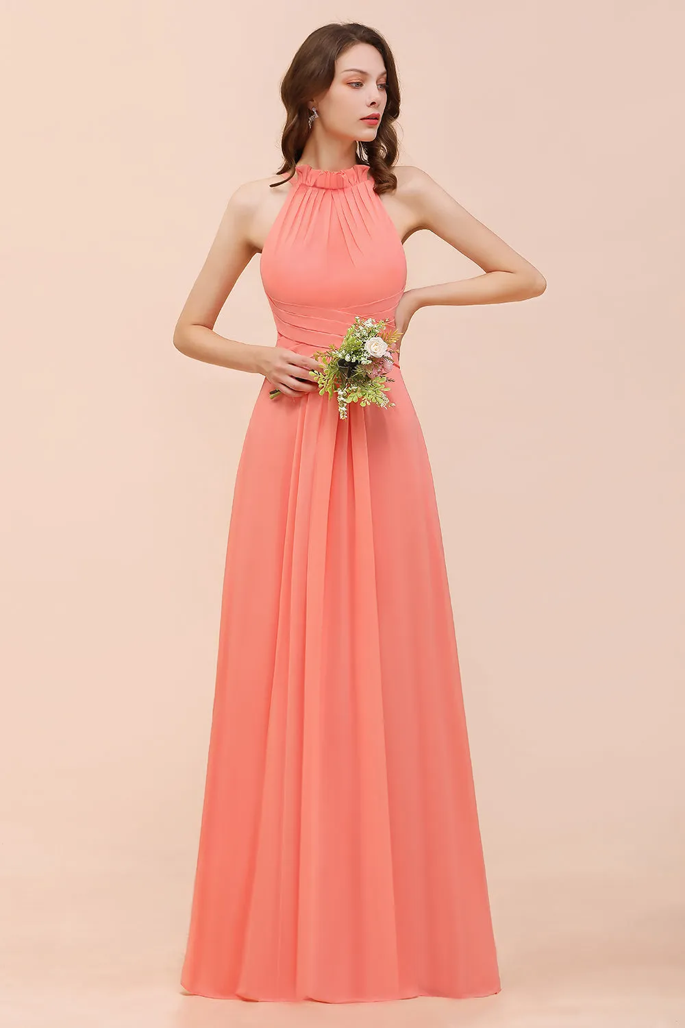 Charming Long Chiffon A-Line Halter Coral Bridesmaid Dresses