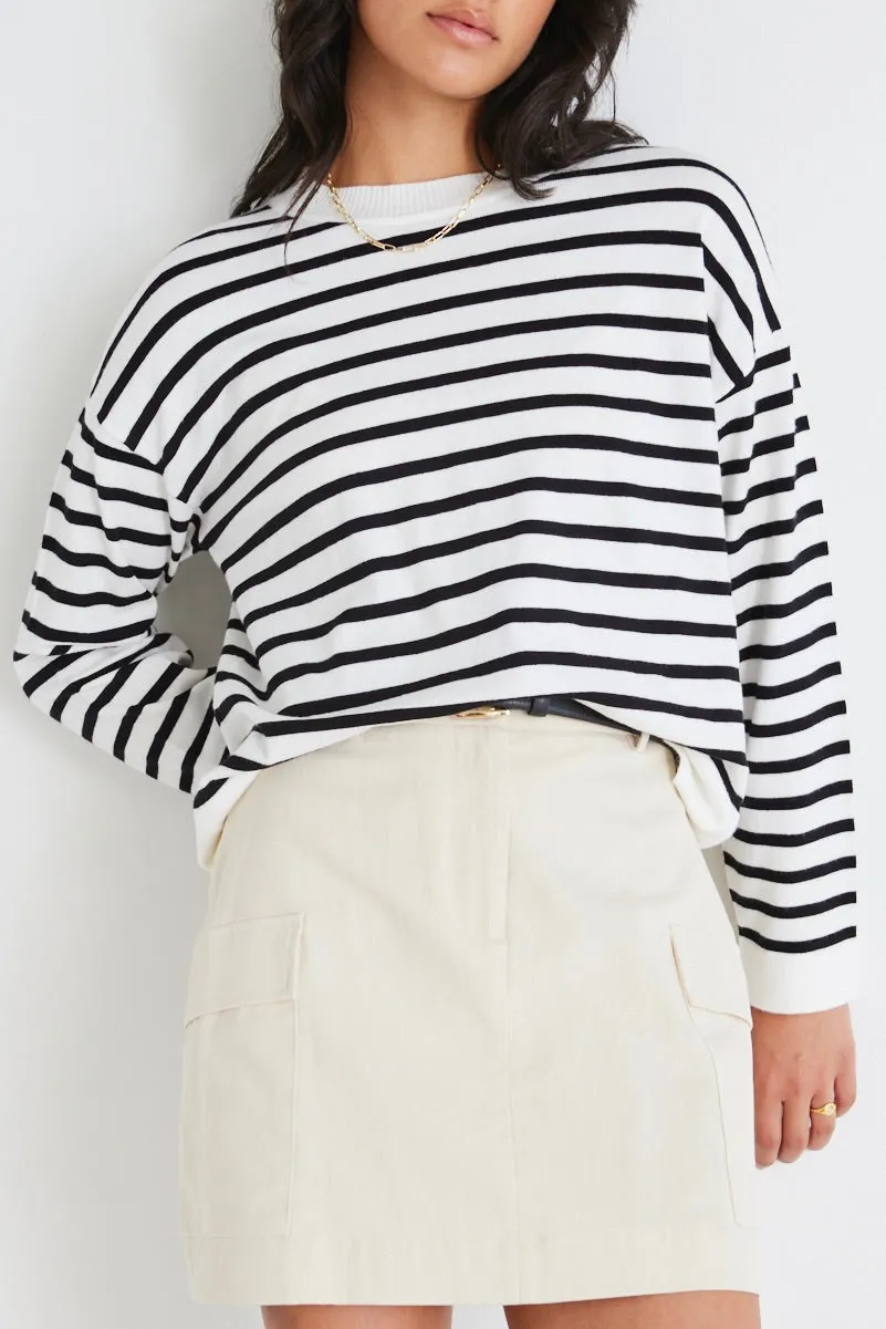 Clear Breton White Black Stripe Crew Neck Jumper