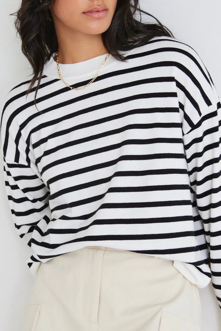 Clear Breton White Black Stripe Crew Neck Jumper