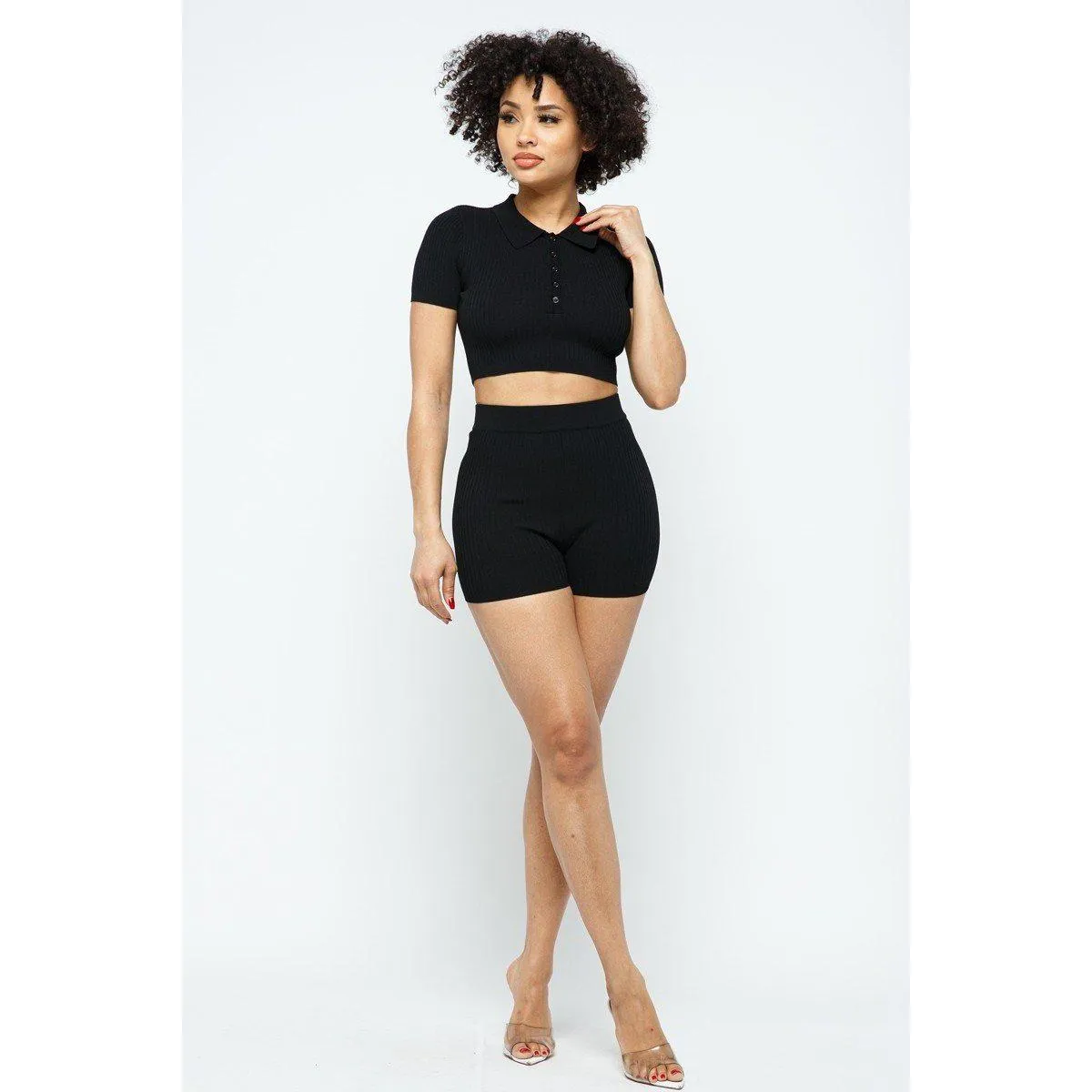 Collar Crop Top   Shorts Set