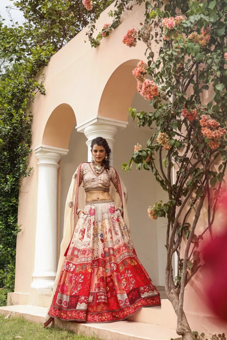 Cream & Red Ethnic Printed Lehenga Set