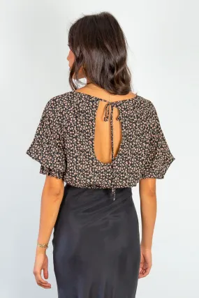 Dare Me Walnut Floral Puff Sleeve Elastic Waist Tie Back Crop Top