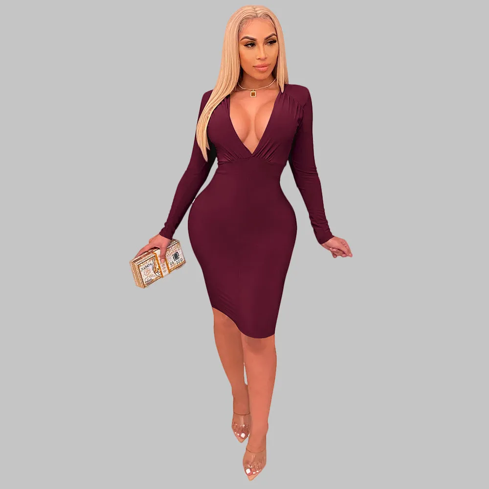 Deep V Pencil Midi Dress