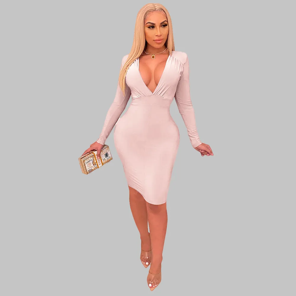 Deep V Pencil Midi Dress