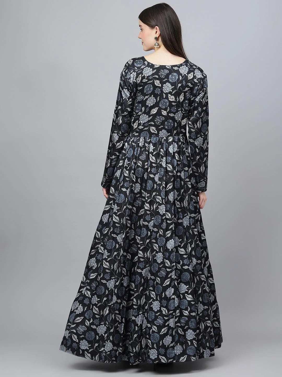 Divena Black Floral Printed Gaji Silk Flared Gown