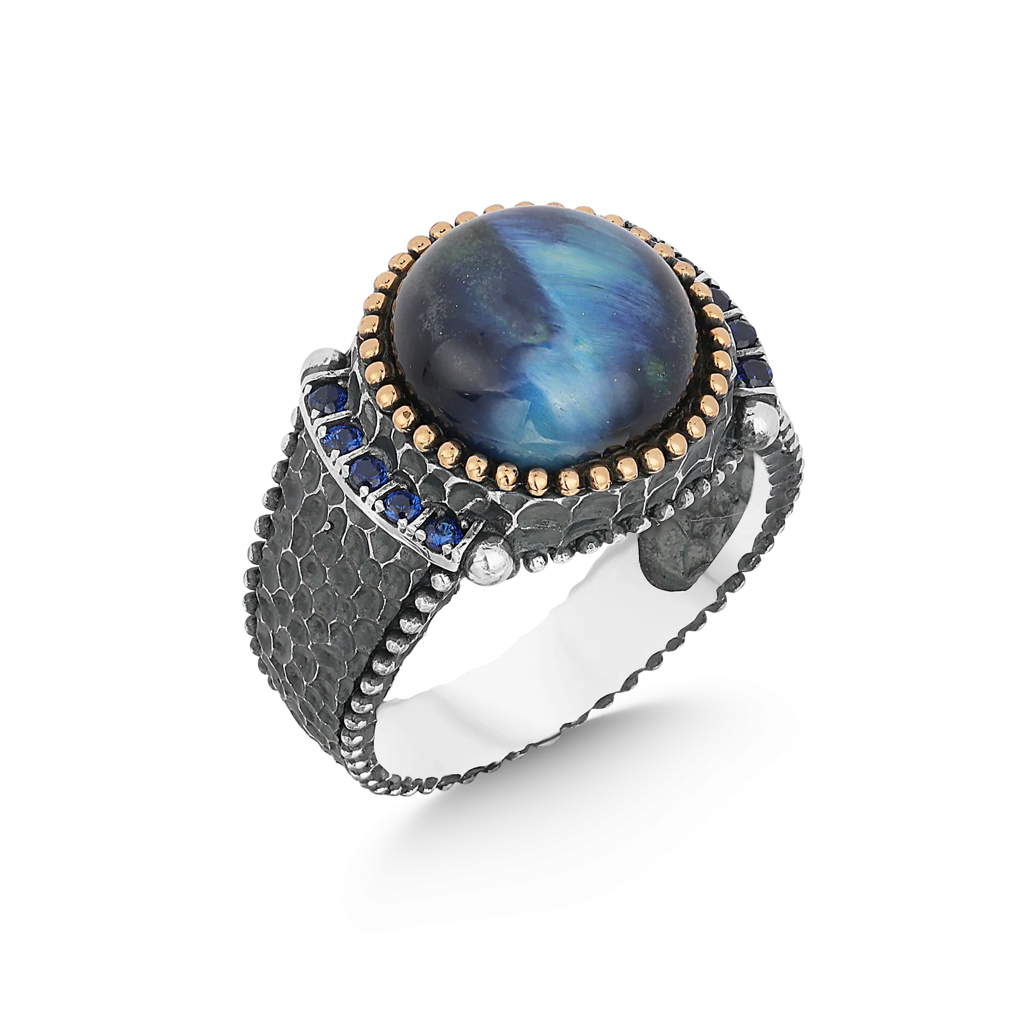 Domic Blue Tiger Eye Stone Circle Silver Men's Ring with Blue Zircons on Sides