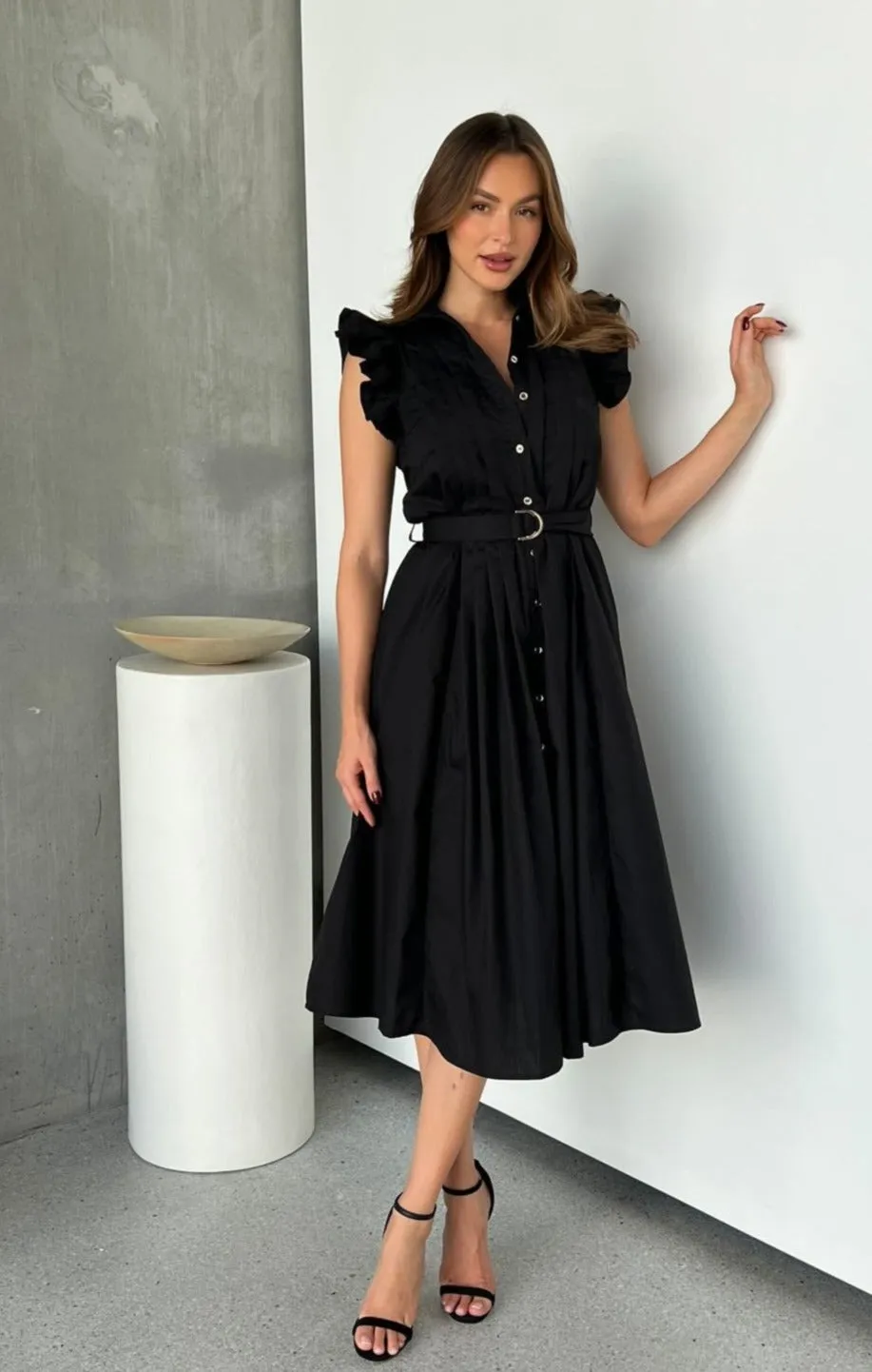 Estelle Black Collared Frill Sleeve Pleated Midi Dress