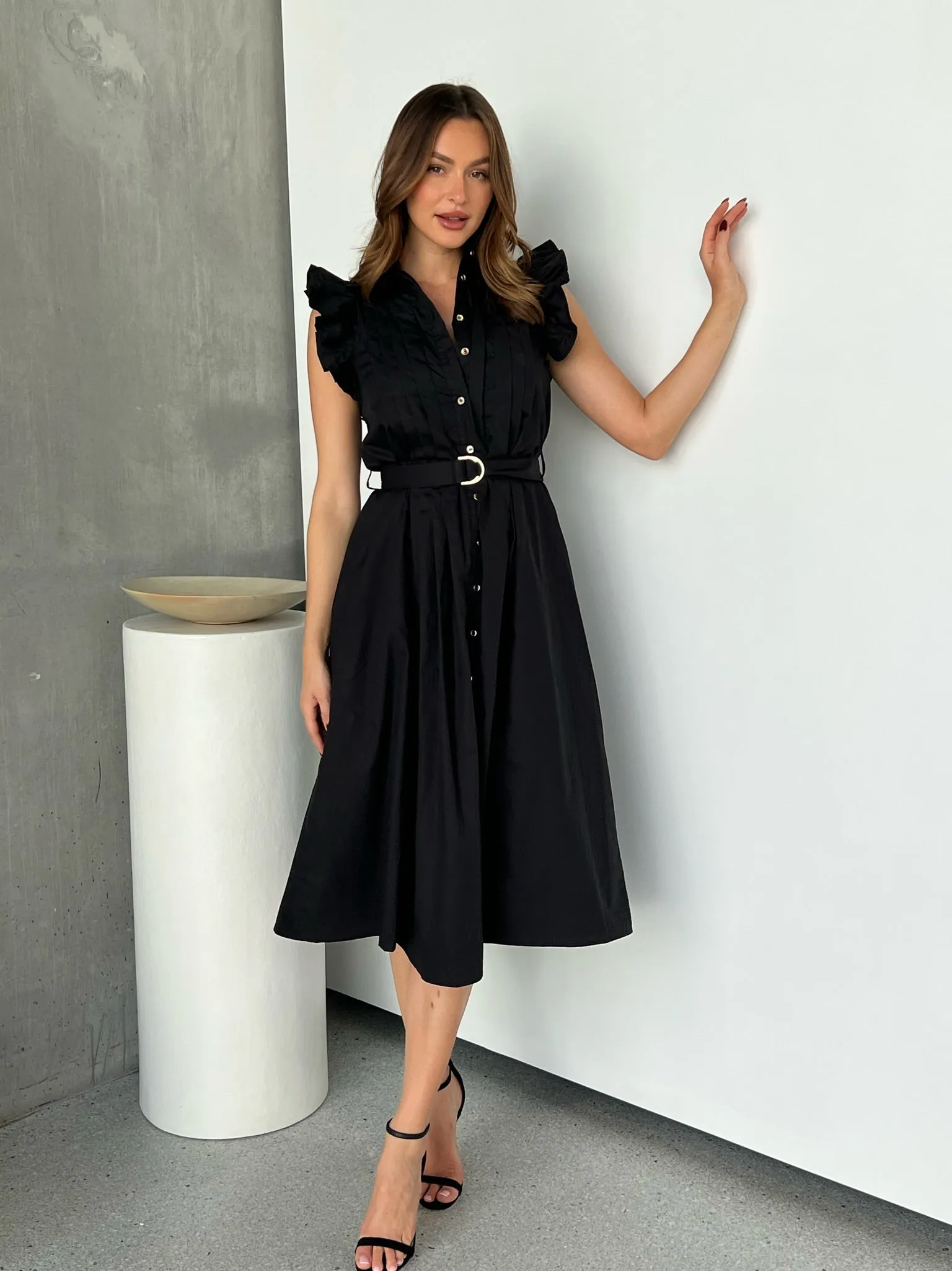 Estelle Black Collared Frill Sleeve Pleated Midi Dress