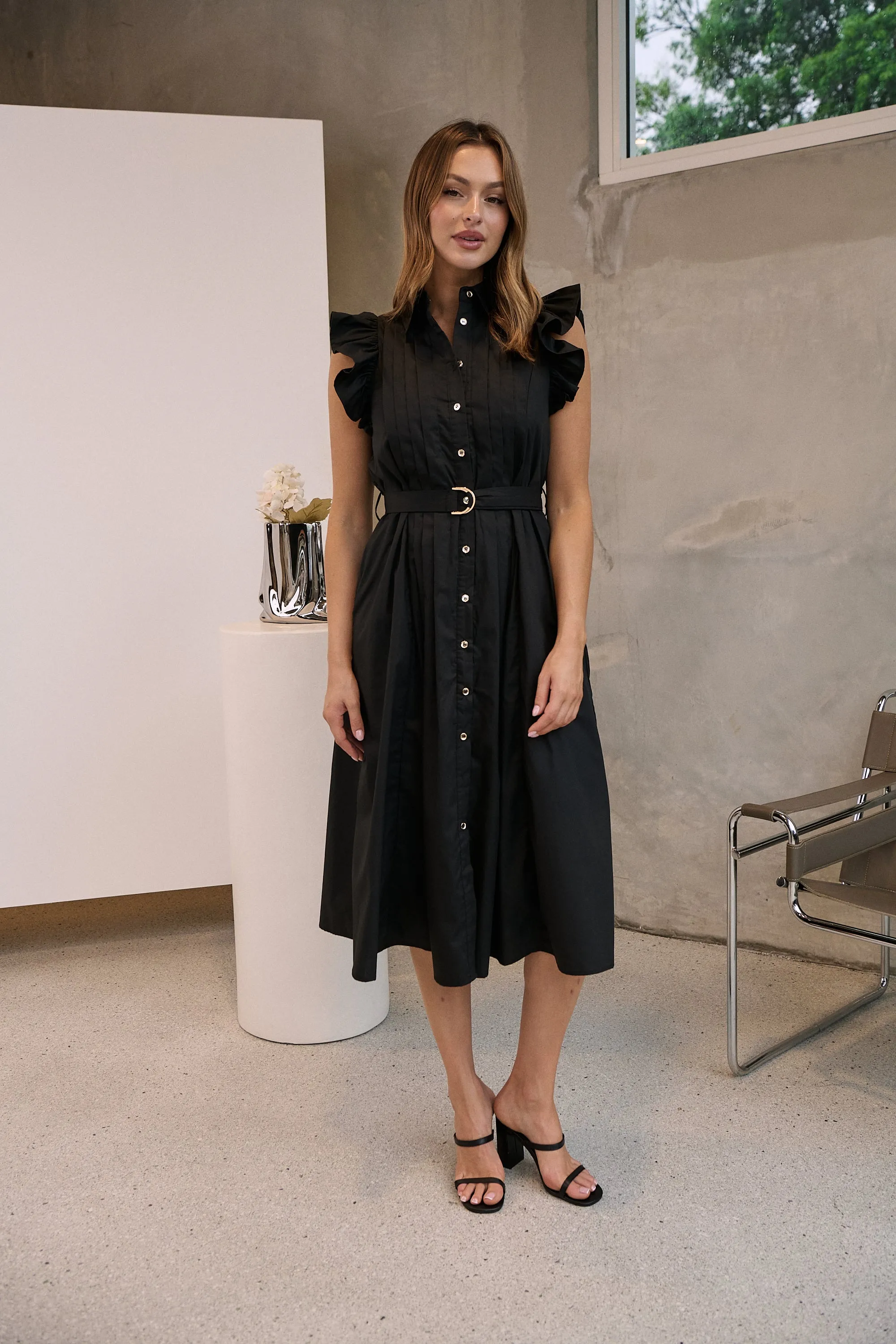 Estelle Black Collared Frill Sleeve Pleated Midi Dress