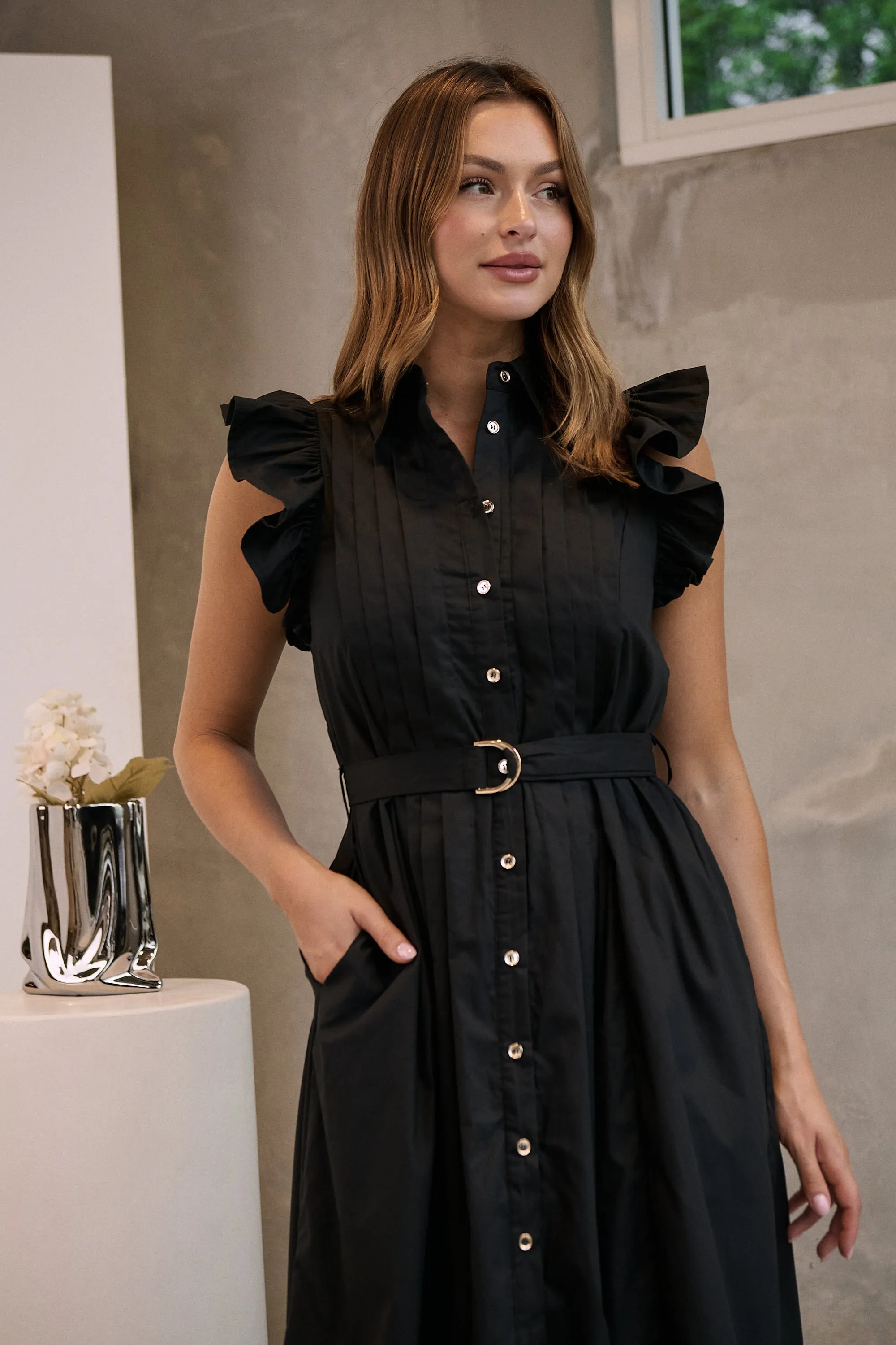 Estelle Black Collared Frill Sleeve Pleated Midi Dress