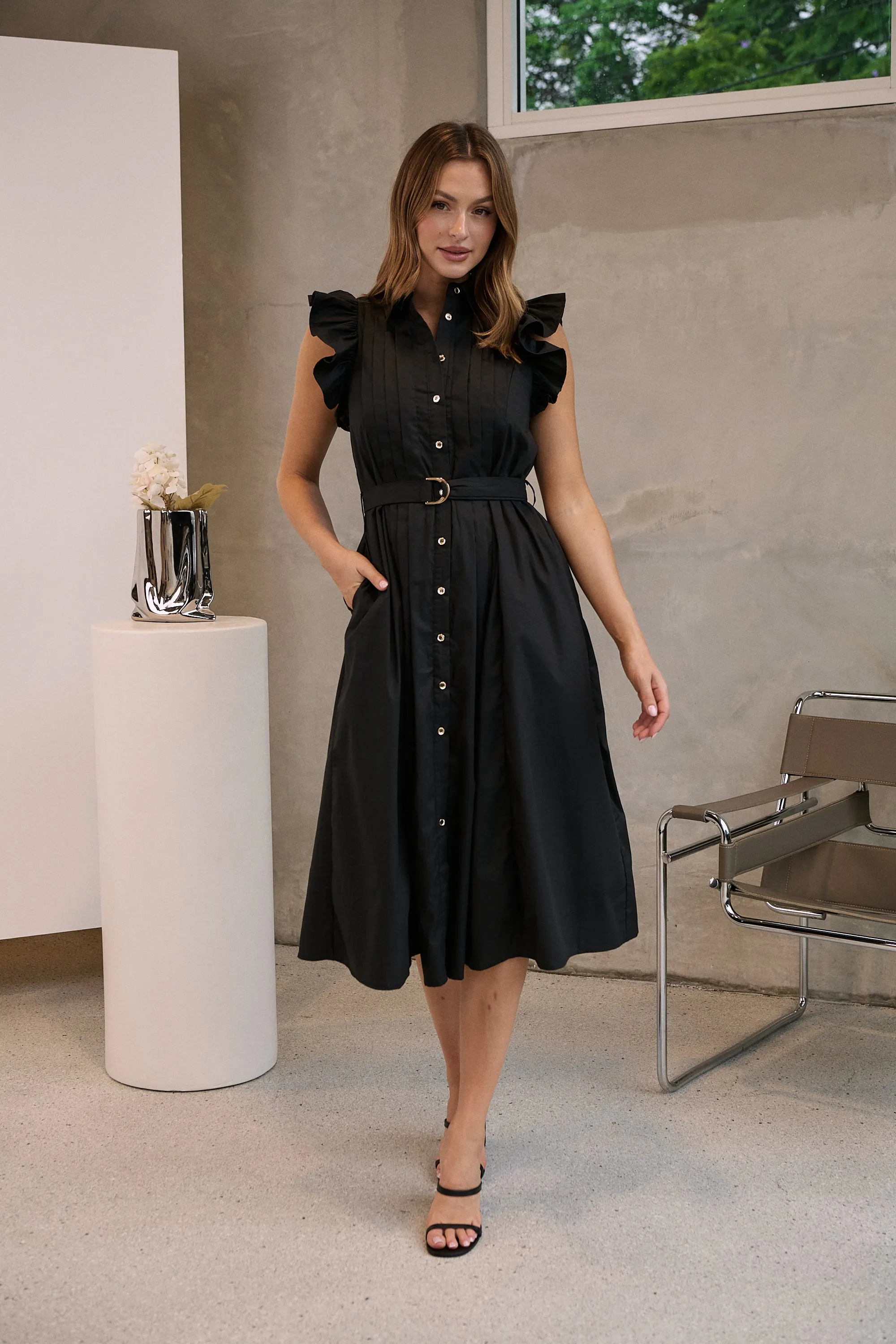 Estelle Black Collared Frill Sleeve Pleated Midi Dress