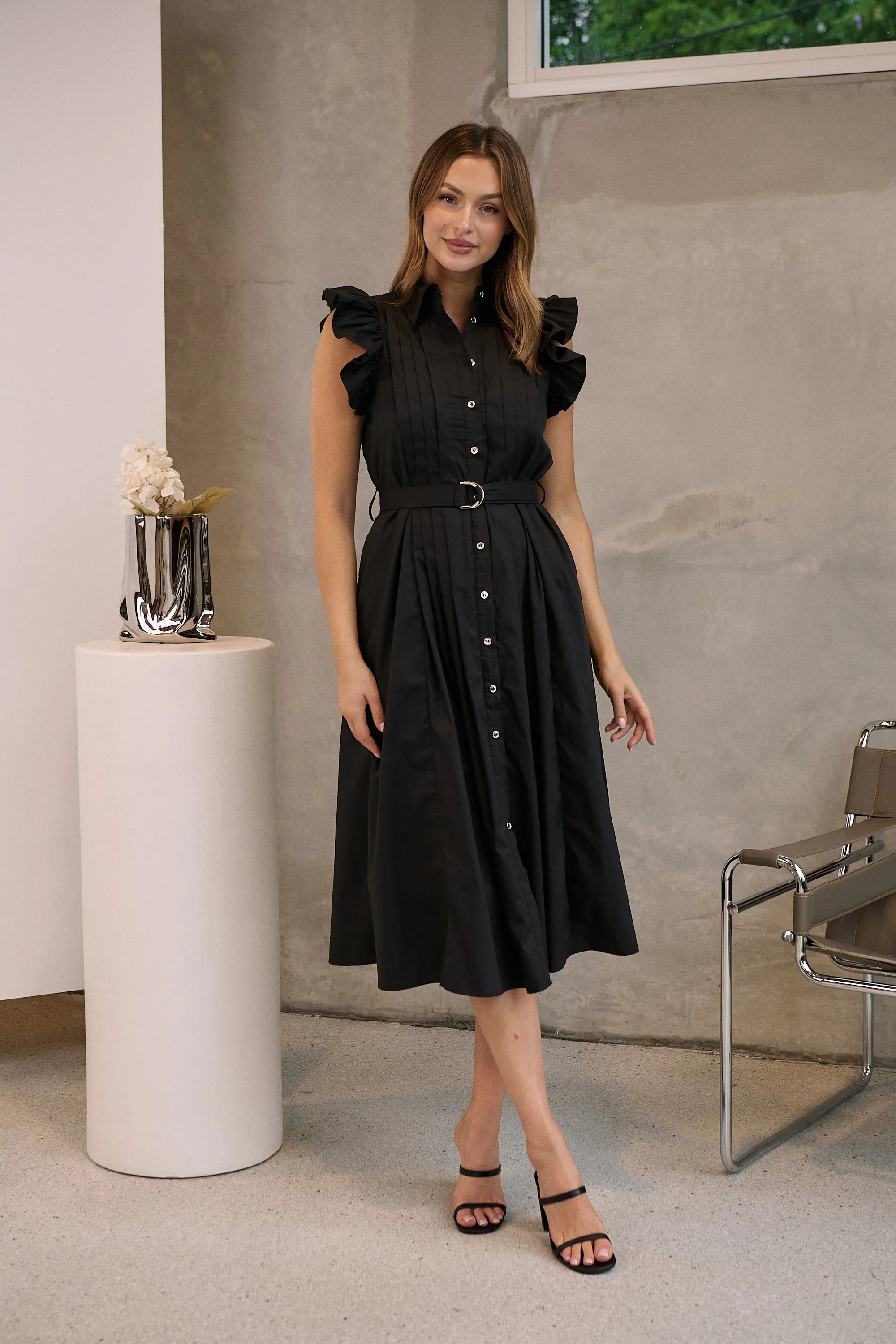 Estelle Black Collared Frill Sleeve Pleated Midi Dress