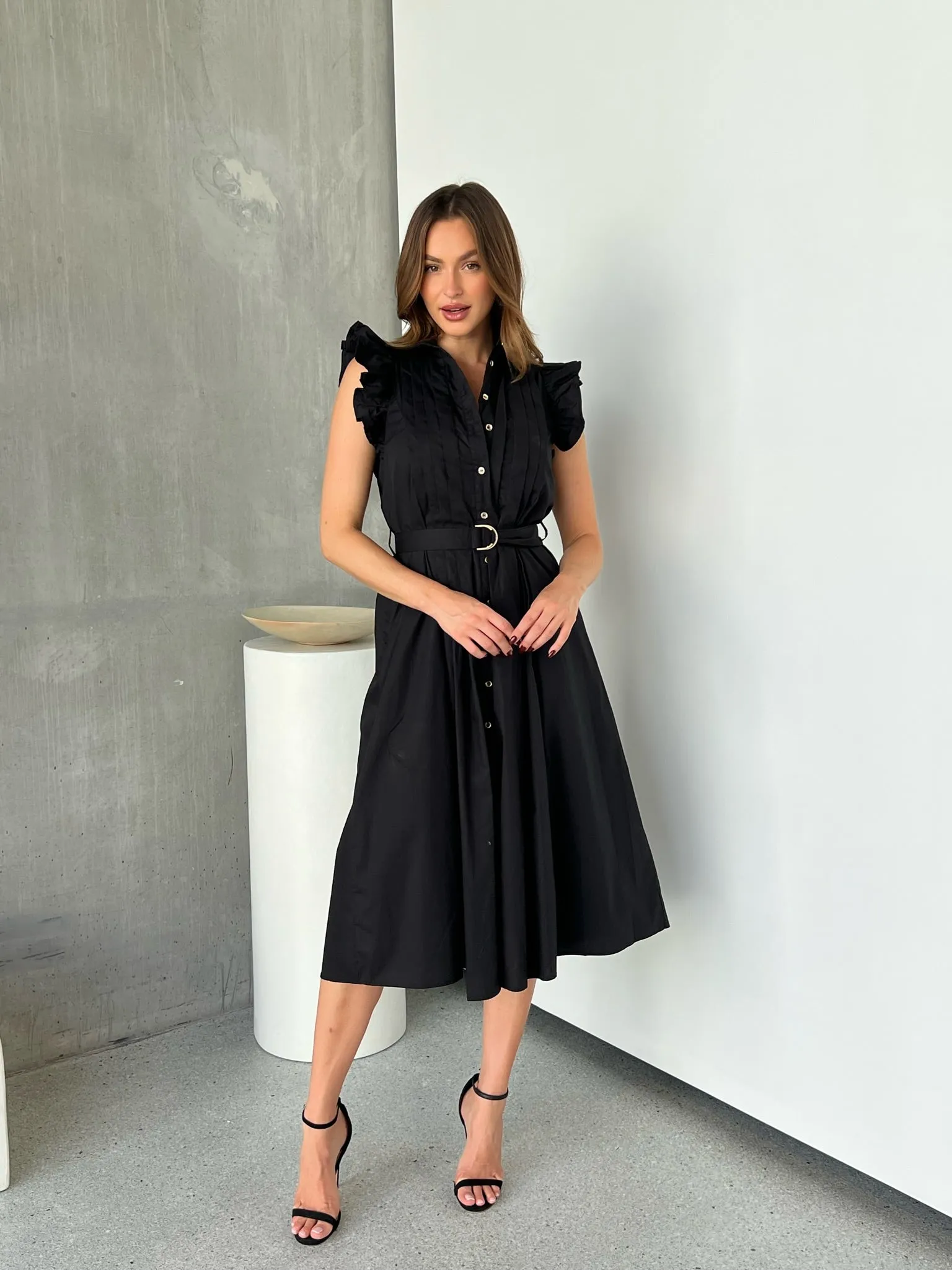 Estelle Black Collared Frill Sleeve Pleated Midi Dress