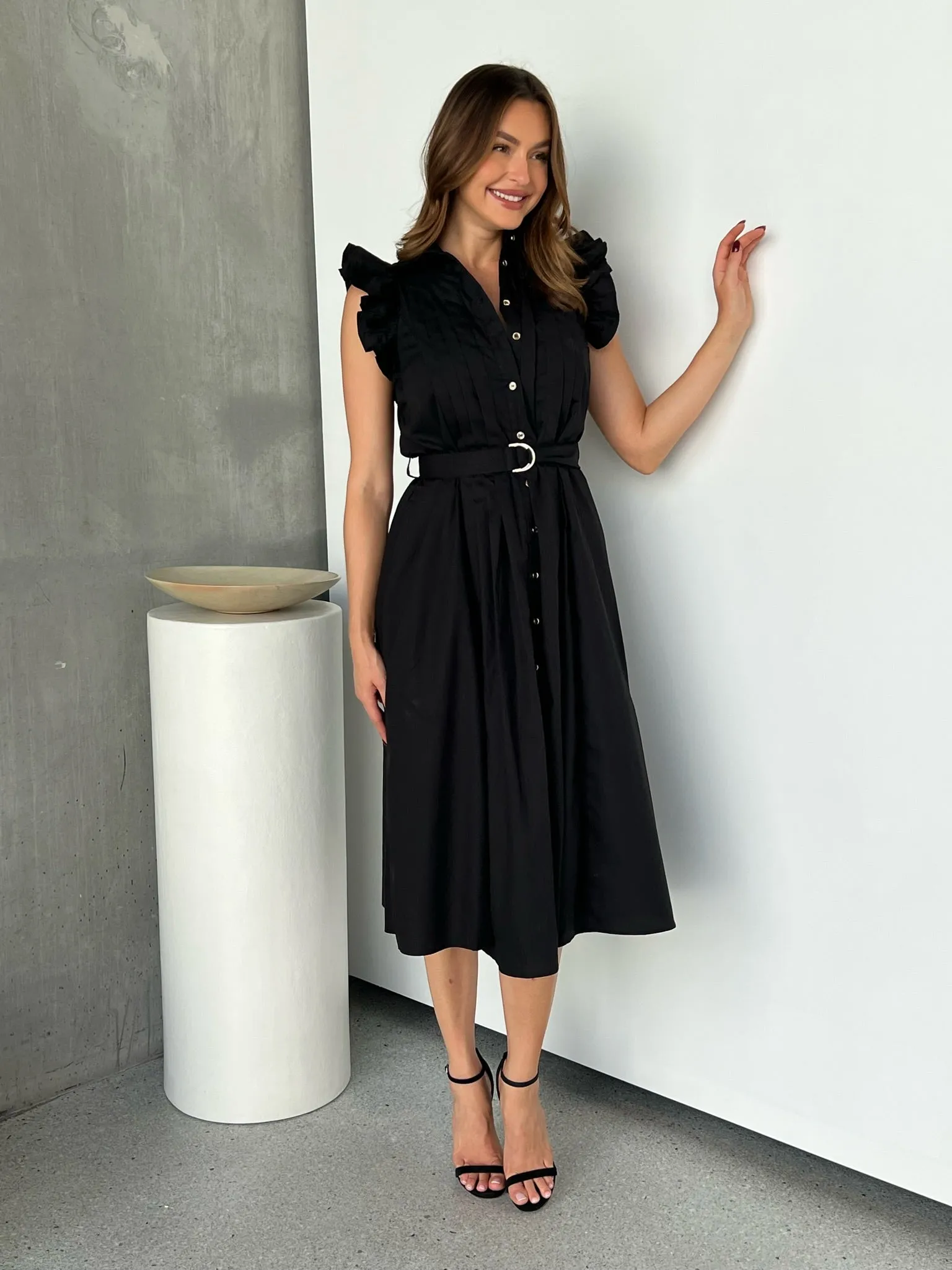 Estelle Black Collared Frill Sleeve Pleated Midi Dress