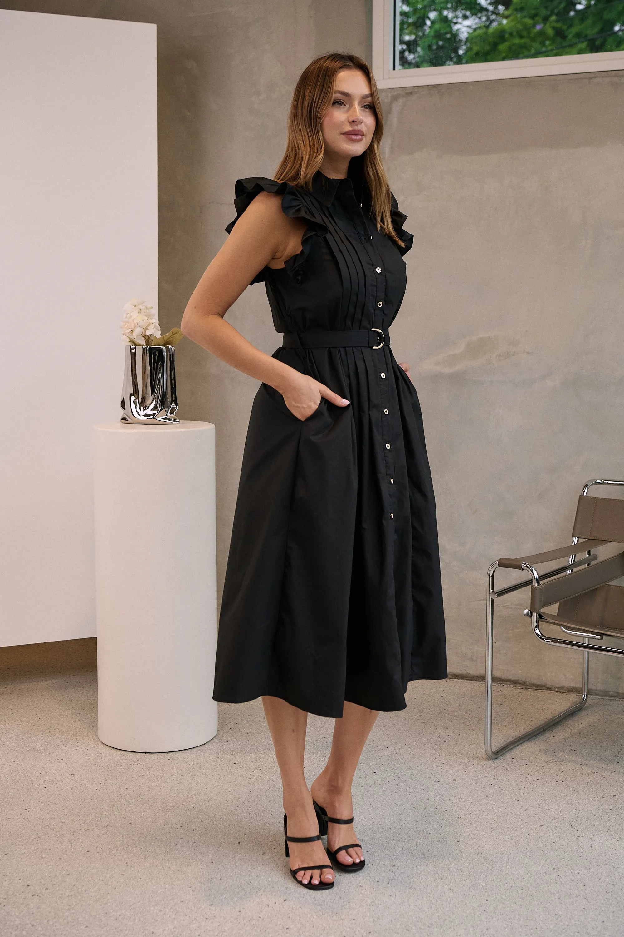 Estelle Black Collared Frill Sleeve Pleated Midi Dress