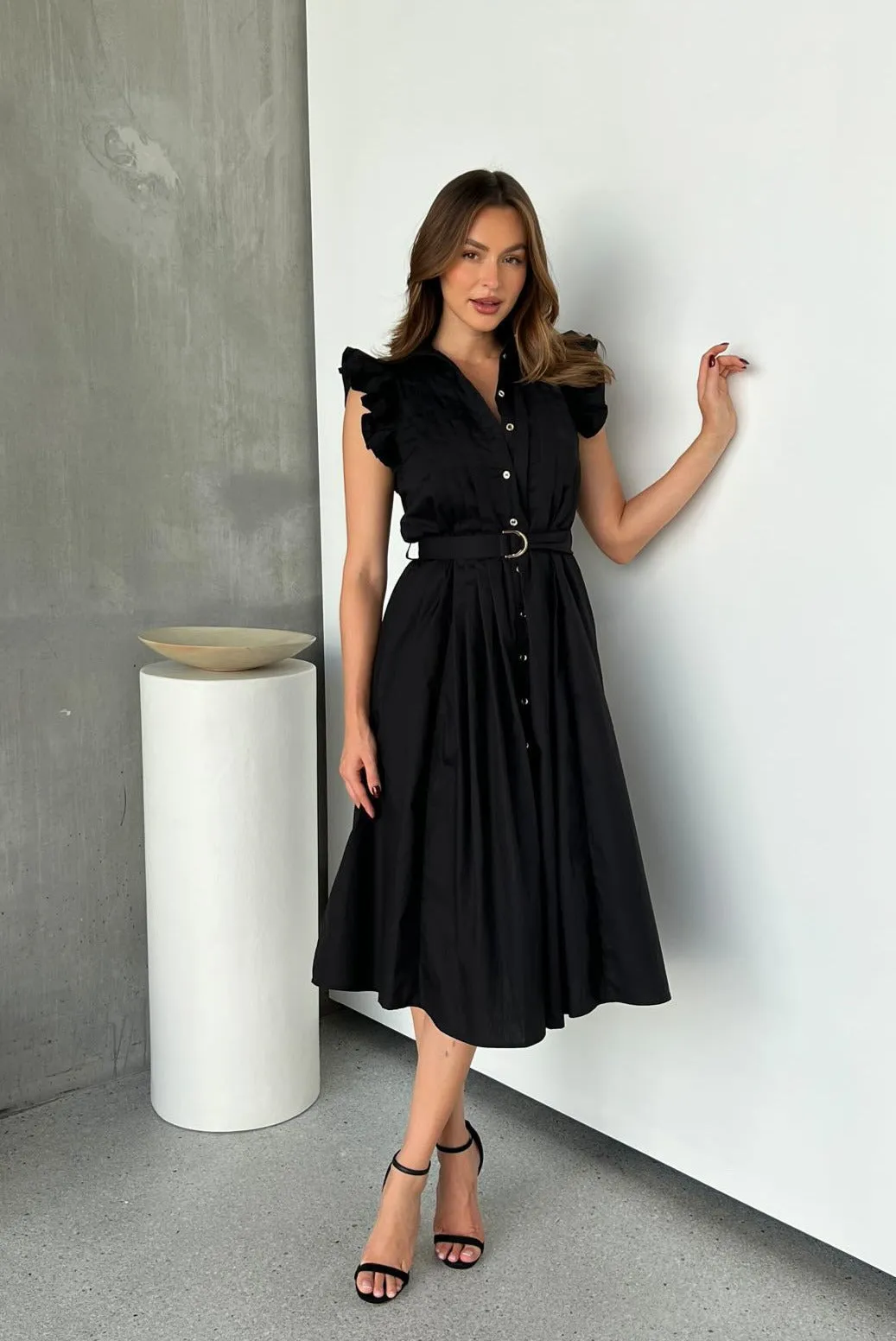 Estelle Black Collared Frill Sleeve Pleated Midi Dress