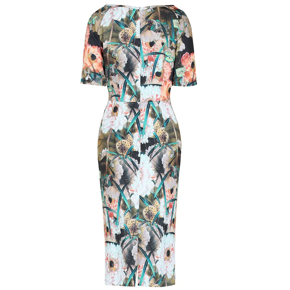 Floral 1/2 Sleeve Wiggle Pencil Dress