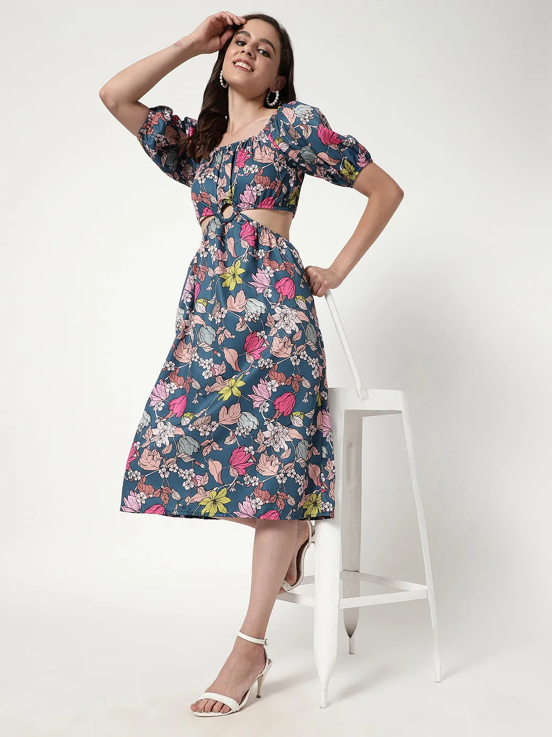 Floral Digital Printed Dress With waist Cut-Out