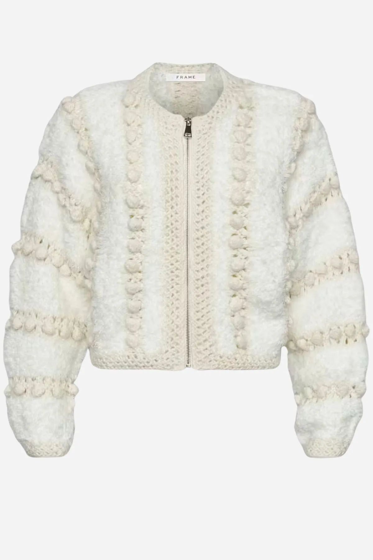 Cream Frame Denim Cardigan with Pom Pom Details