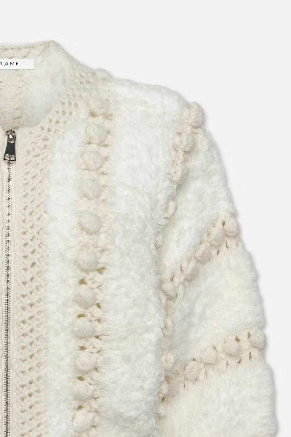 Cream Frame Denim Cardigan with Pom Pom Details