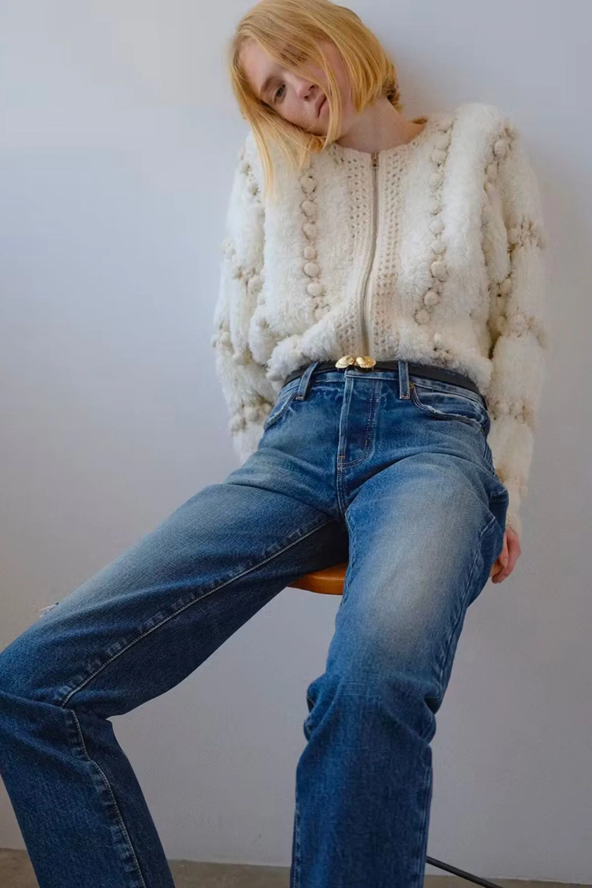 Cream Frame Denim Cardigan with Pom Pom Details