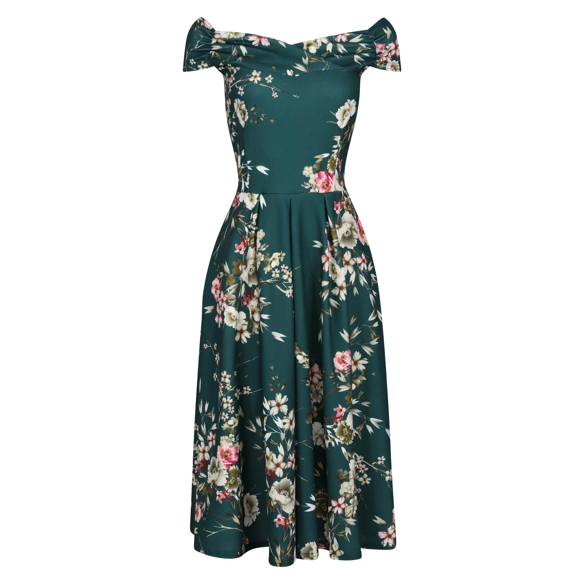 Green Floral Print Crossover Bardot 50s Swing Dress