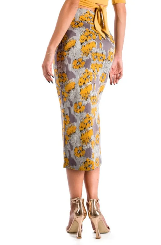 Grey Midi Yellow Printed Pencil Skirt With Slit