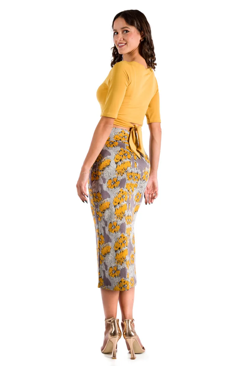 Grey Midi Yellow Printed Pencil Skirt With Slit