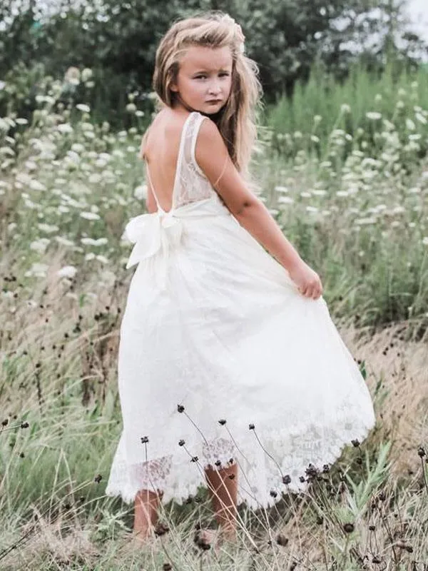 Jewel Neck Sleeveless White Flower Girl Dresses Lace Formal Kids Dresses