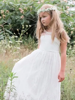 Jewel Neck Sleeveless White Flower Girl Dresses Lace Formal Kids Dresses