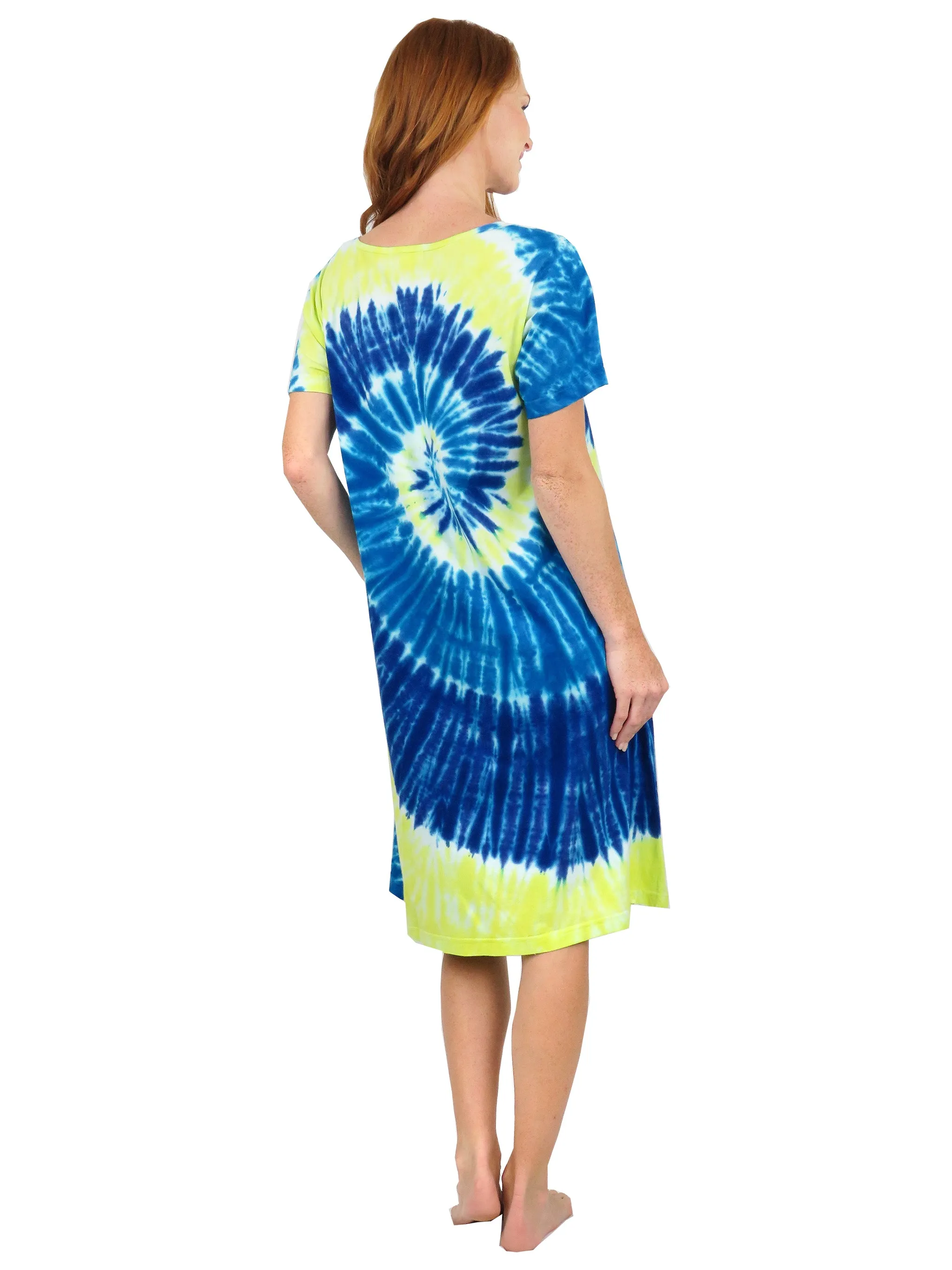 La Cera Cotton Knit Short Sleeve Blue Yellow Tie-Dye Dress