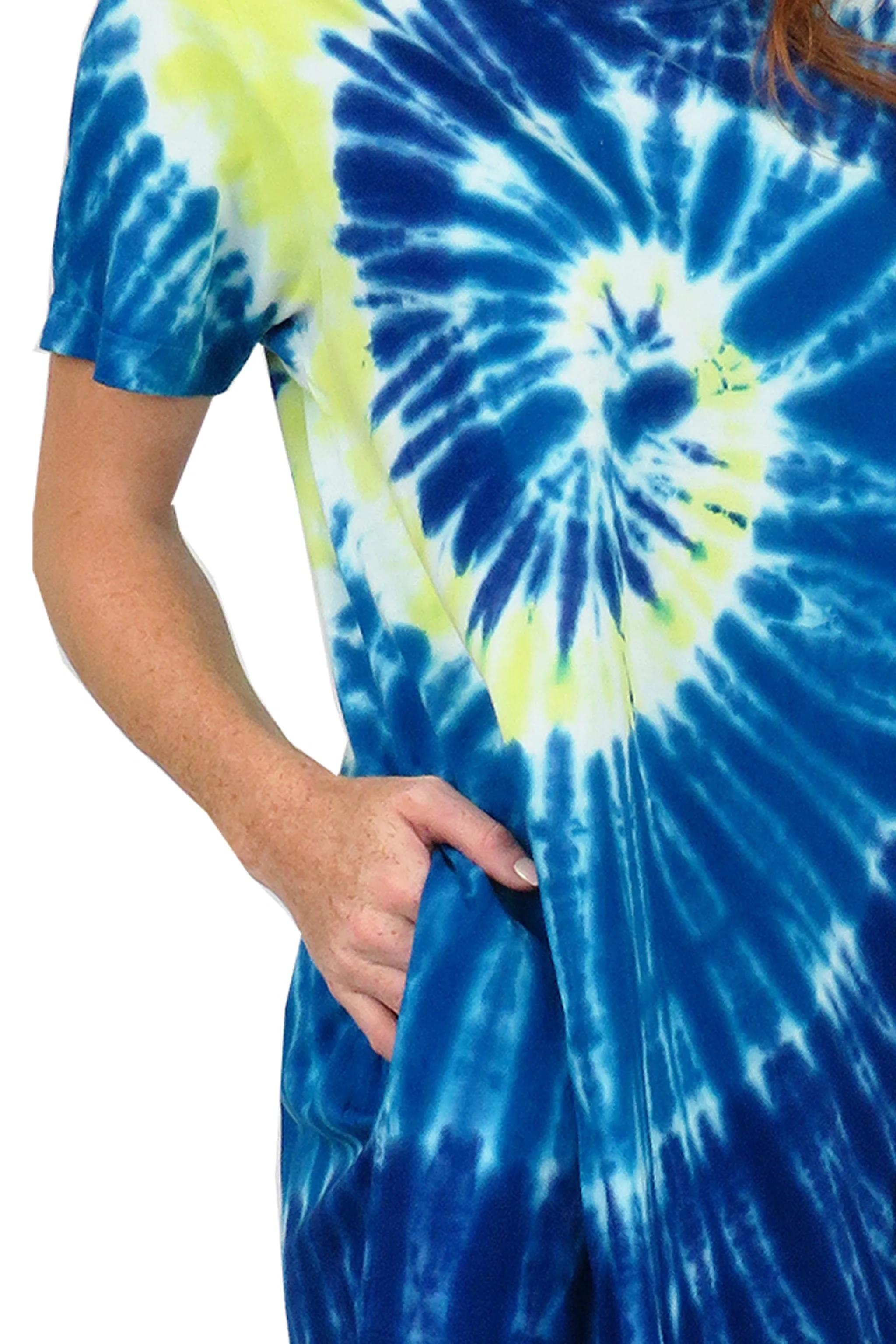 La Cera Cotton Knit Short Sleeve Blue Yellow Tie-Dye Dress