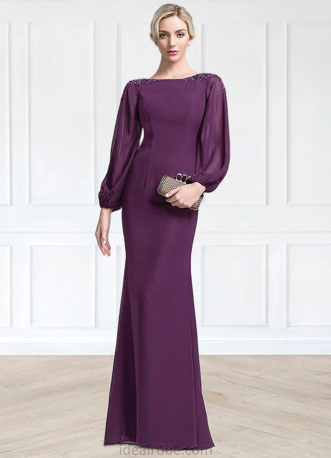 Linda Trumpet/Mermaid Scoop Neck Floor-Length Chiffon Mother of the Bride Dress With Beading Sequins STK126P0014748