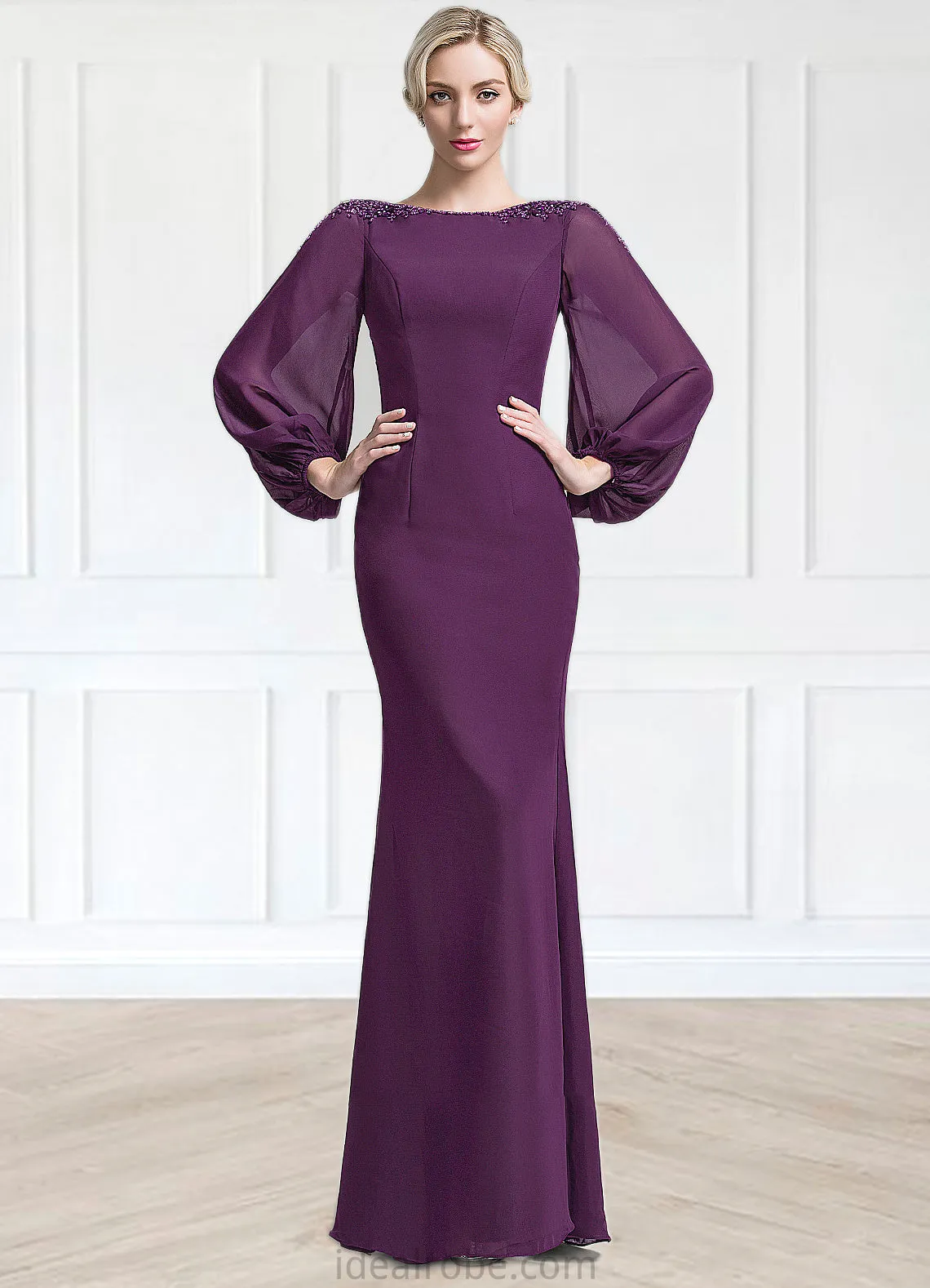 Linda Trumpet/Mermaid Scoop Neck Floor-Length Chiffon Mother of the Bride Dress With Beading Sequins STK126P0014748