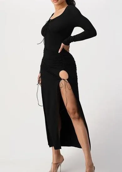 Louden High Slit Long Sleeve Black Midi Dress