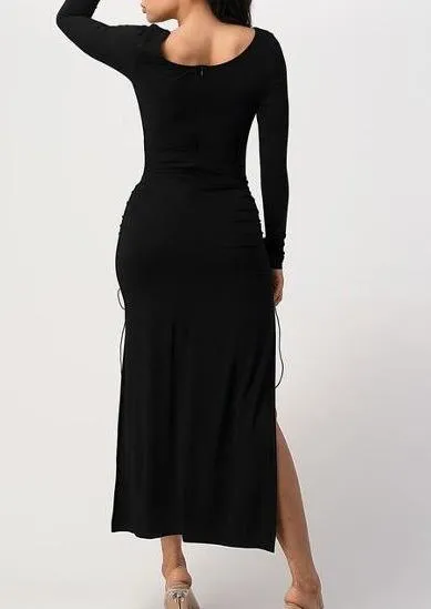 Louden High Slit Long Sleeve Black Midi Dress