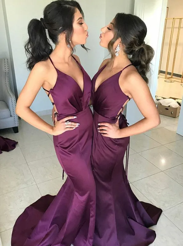 Mermaid V-Neck Sweep Train Grape Satin Bridesmaid Dress