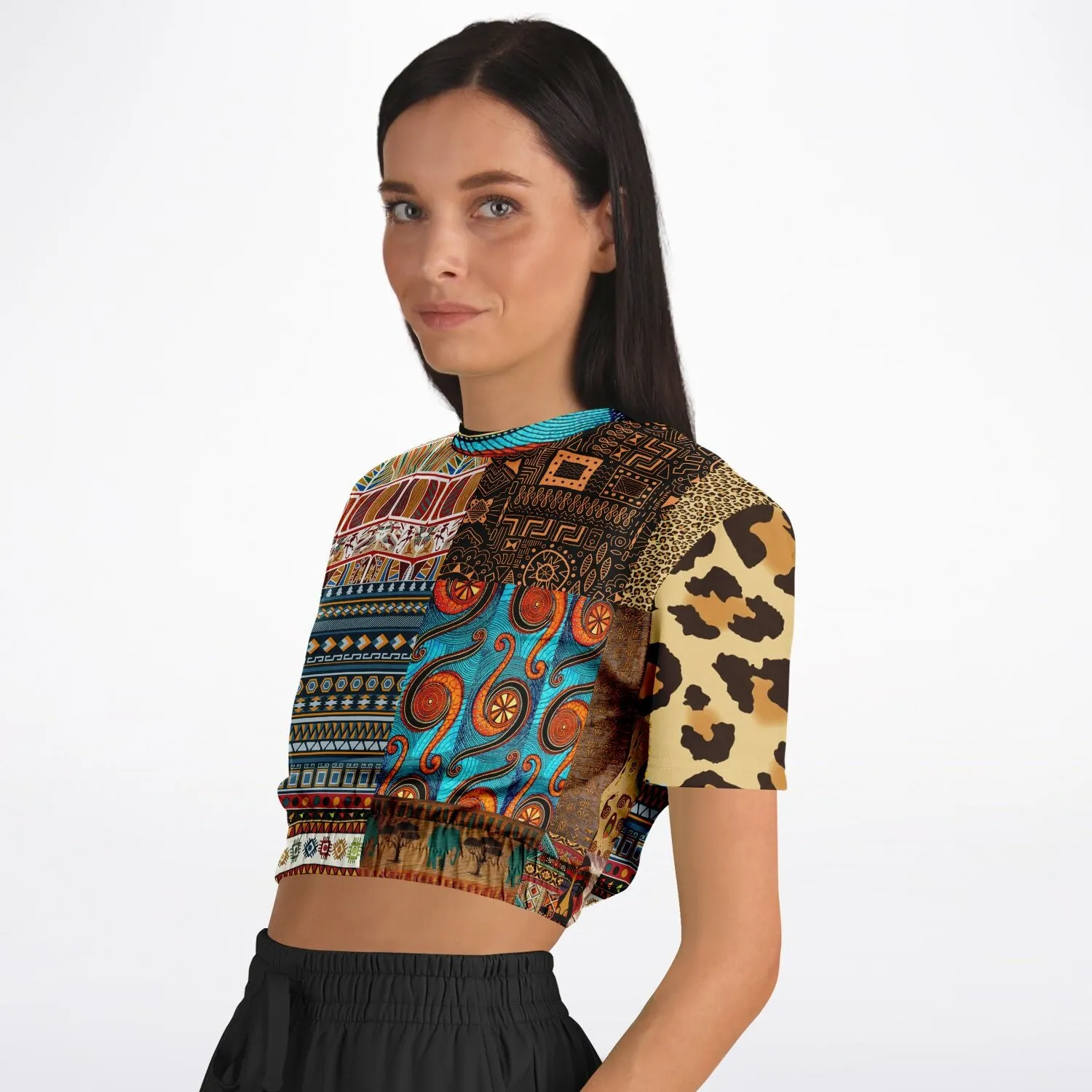 Mother Lode African Print Short Sleeve Cropped Eco-Poly Sweater