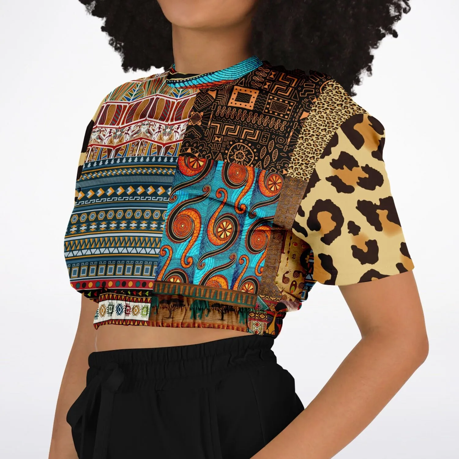 Mother Lode African Print Short Sleeve Cropped Eco-Poly Sweater